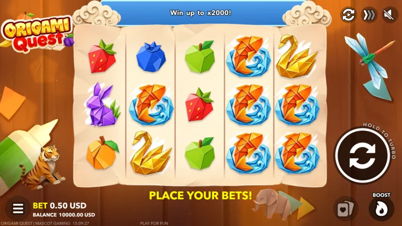 Origami Quest - leikjaskjár með veðmálsstiku og Boost-hnappi